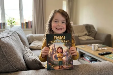 Ein Kind hält das gedruckte Buch mit festem Einband